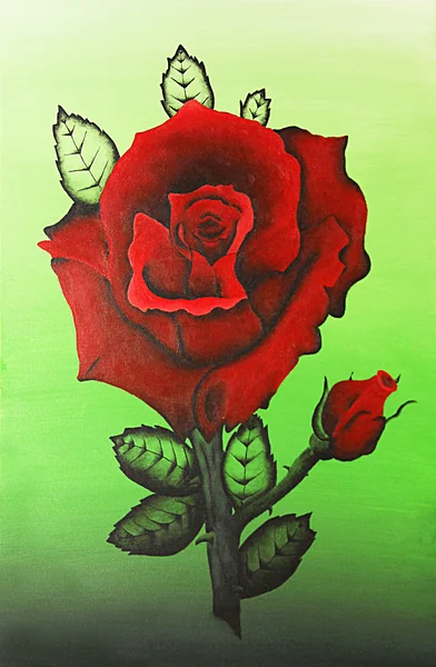 Peinture acrylique d'une rose rouge sur fond vert — Photo