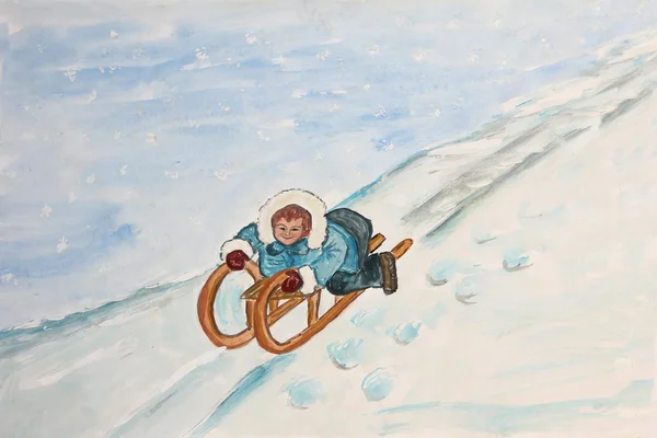 Kızakla çocuk karlı yamaç, çocuk suluboya resim — Stok fotoğraf