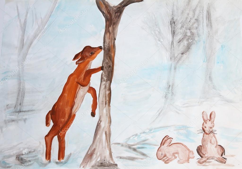 deer and rabbits in winter, children watercolor painting