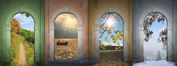 Dört mevsim - yol, garda Gölü, alanı hiking kolaj, fo kış