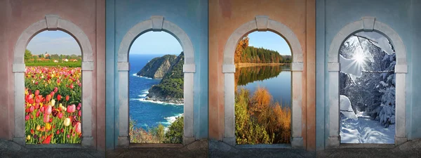 Collage quattro stagioni - campo di tulipani, paesaggio costiero, autunno — Foto Stock