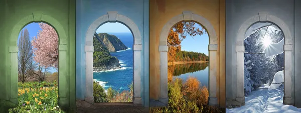 Collage van vier seizoenen - lente park, kust scape, herfst po — Stockfoto