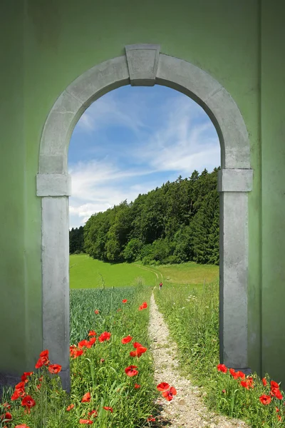 Fußweg durch gewölbte Tür, Frühlingslandschaft mit rotem Popp — Stockfoto