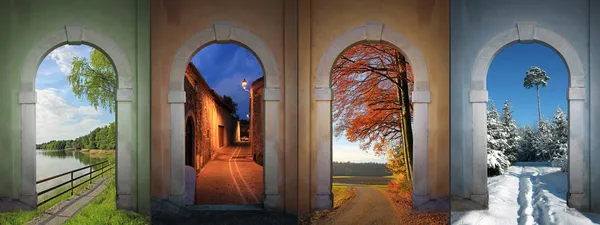 Collage four seasons - lakeside, nightly alley, autumnal country — Stock Photo, Image
