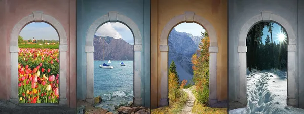 Collage vier Jahreszeiten - Tulpenfeld, Gardasee, Karwendeltal — Stockfoto