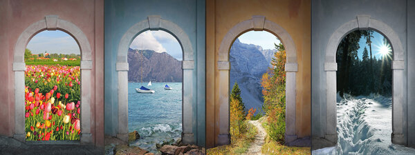 Collage four seasons - tulip field, garda lake, karwendel valley