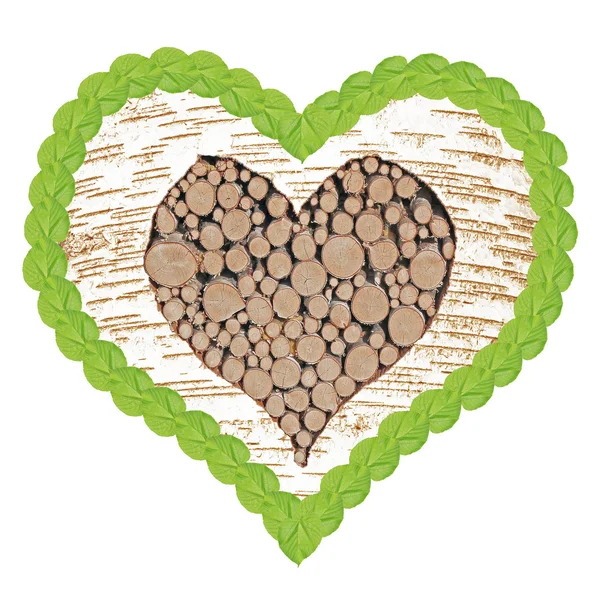 Birch tree heart with frame of linden leafs — Stock Photo, Image