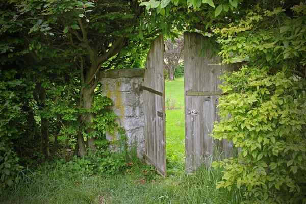 Puerta de jardín arqueada, enmarcada con setos de haya — Foto de Stock