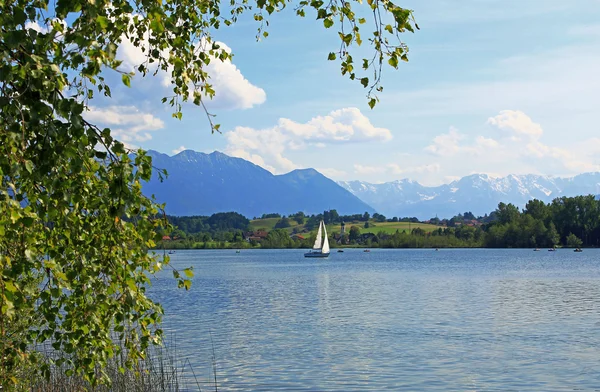Riegsee idilliaco riva del lago, colline e alpi bavaresi — Foto Stock