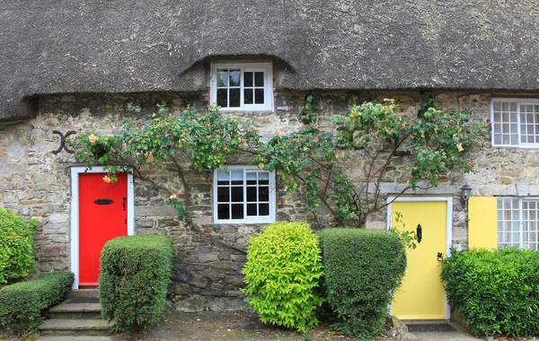 Yazlık hasır thatched çatı ve renkli kapı — Stok fotoğraf