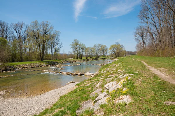 Footpath Mangfall River Spring Landscape Upper Bavaria — Stock Photo, Image