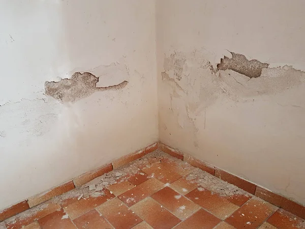 edge of a room in strong need of renovation, with water damage and tiled floor