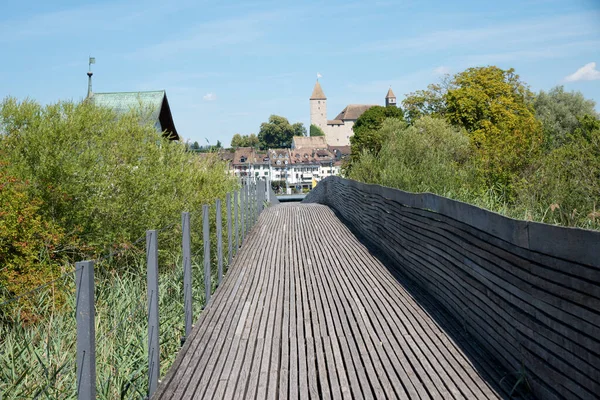 Wooden Footbridge Ake Zurichsee View Castle Tourist Resort Rapperswil Switzerland — Stockfoto