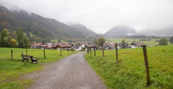 Foggy Landscape Rubi Hiking Way Bench Tourist Destination Oberstdorf October — стокове фото