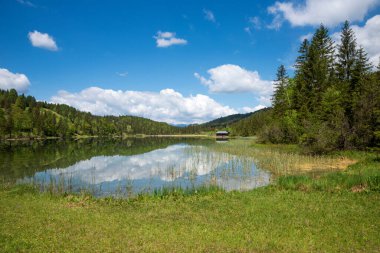 Lautersee Gölü 'nün mayıs ayında, su yansımasıyla. Yürüyüş alanı Mittenwald, Bavyera manzarası