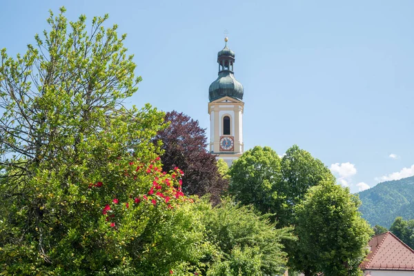 Kościół Wsi Jakob Lenggries Ośrodek Turystyczny Górna Bawaria Lecie — Zdjęcie stockowe