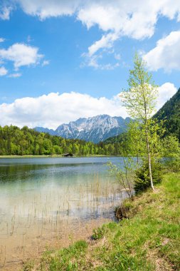 Mittenwald yakınlarındaki Ferchensee gölü, yukarı Bavyera 'daki yeşil bahar manzarası, Karwendel dağlarına bakıyor.