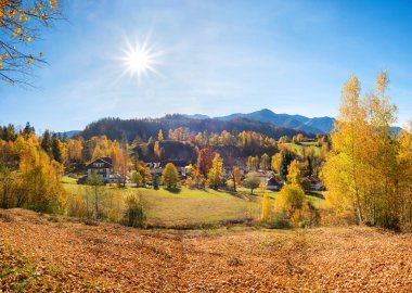 Sonbahar manzarası Fischbachau Birkenstein, Ekim ayında üst bavyera, parlak güneş ışığı