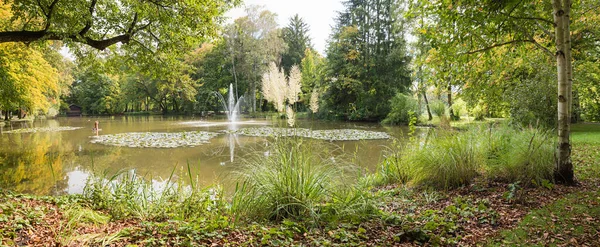 秋の公園の風景 小さな湖Irlachsee 悪い空の健康リゾート 上のババリア — ストック写真