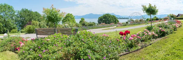 Beautiful Landscape Park Wooden Bench Tourist Resort Gstadt Lake Chiemsee — стоковое фото