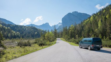 van beside the country road to ahornboden, tirolean alpine landscape Risstal valley austria