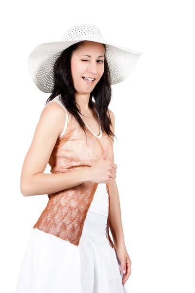 Woman in white sun hat — Stock Photo, Image