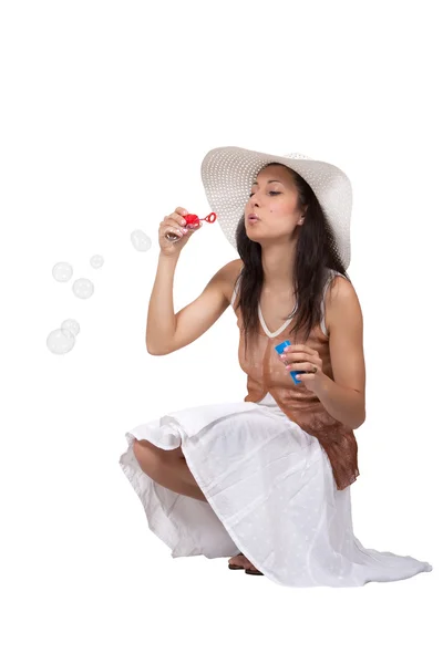 Woman in white sun hat — Stock Photo, Image