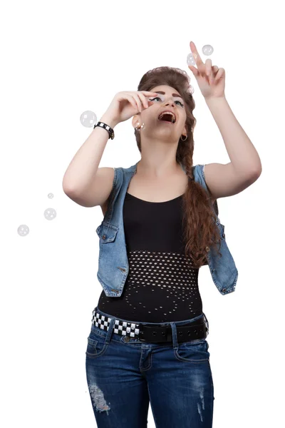 Teenager Mädchen in einem blauen Jeanskleid — Stockfoto