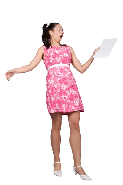 Retro girl in a pink dress — Stock Photo, Image