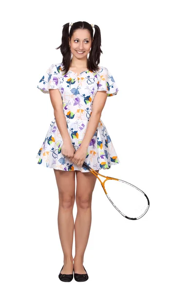 Uma menina com tranças em vestido retro colorido — Fotografia de Stock