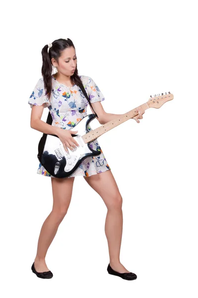 A girl with pigtails in colorful retro dress — Stock Photo, Image