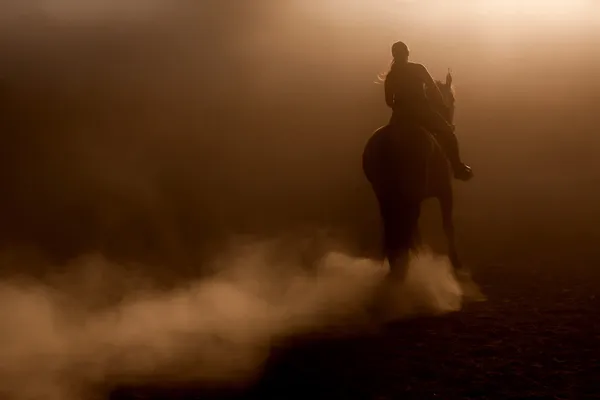 Horse riding in the dust — Stock Photo, Image