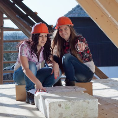 Two young women workers on the roof clipart