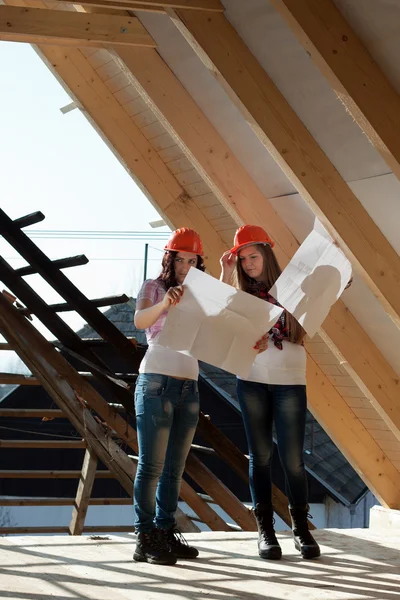 Two young women workers on the roof — Stock Photo, Image