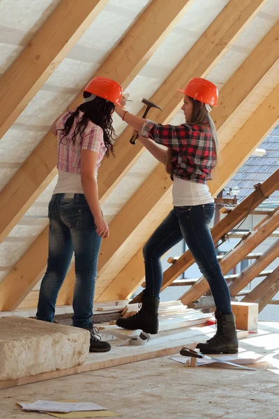 Two young woman repairing the roof of the house — Stock Photo, Image