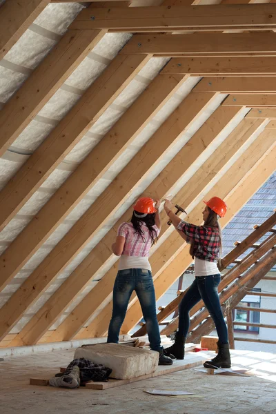 Two young woman repairing the roof of the house — Stock Photo, Image