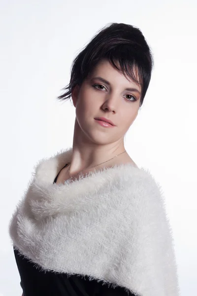 Young woman in black with white fur collar — Stock Photo, Image