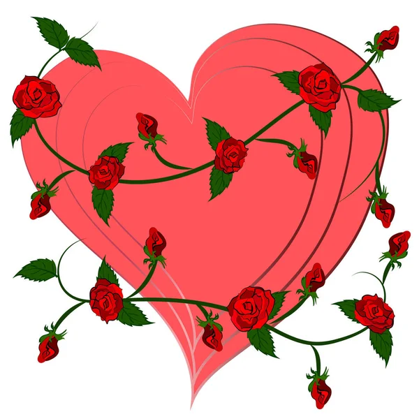 Pink Valentine Heart Many Red Roses — Stockvector
