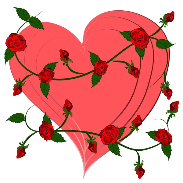 Pink Valentine Heart Many Red Roses — Stock Vector