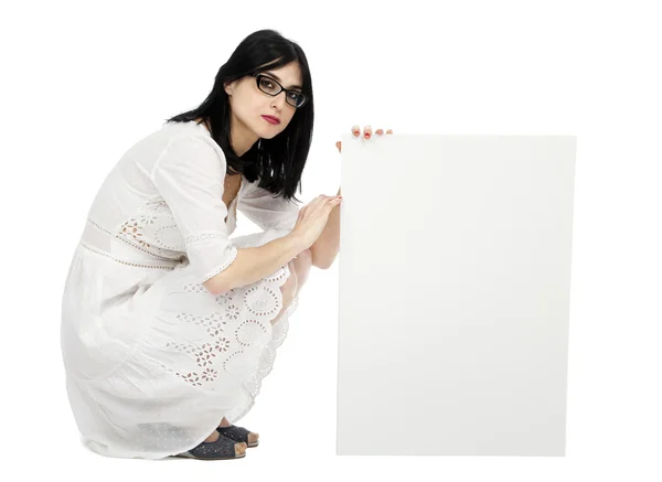 Summer Dress Woman Crouching Next to Sign — Stock Photo, Image