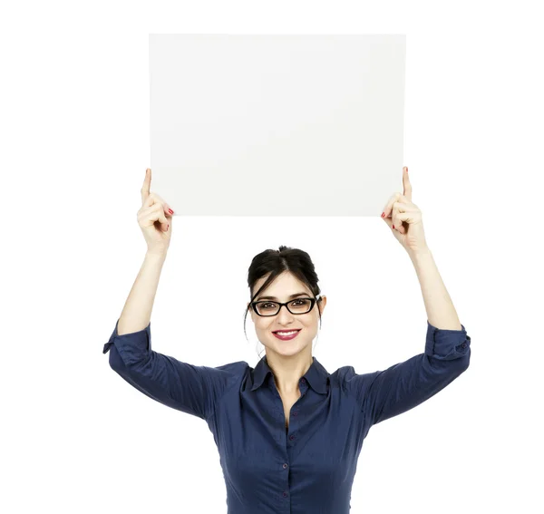 Geschäftsfrau mit Schild — Stockfoto