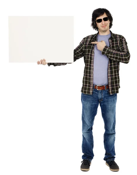 Casual Guy with Sunglasses Holding Sign — Stock Photo, Image