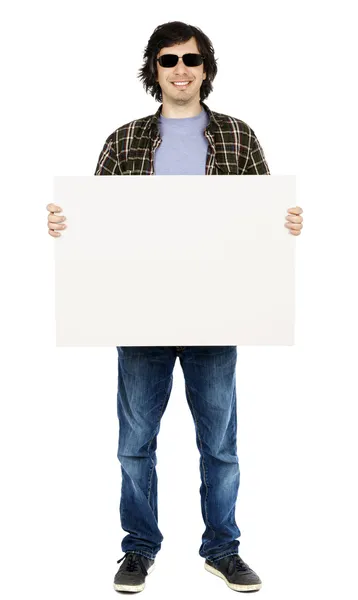 Smiling Casual Guy with Sunglasses Holding Sign — Stock Photo, Image