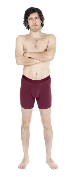 Aislado frunciendo el ceño Scrawny Caucasian adulto hombre usando ropa interior —  Fotos de Stock