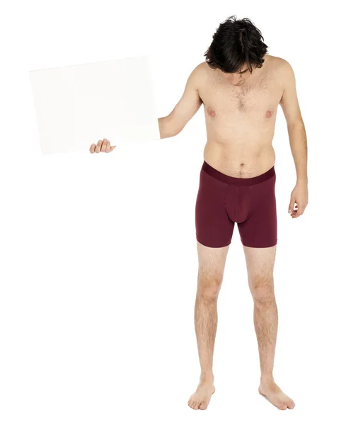 Isolated Caucasian Adult Underwear Man Holding Sign — Stok fotoğraf