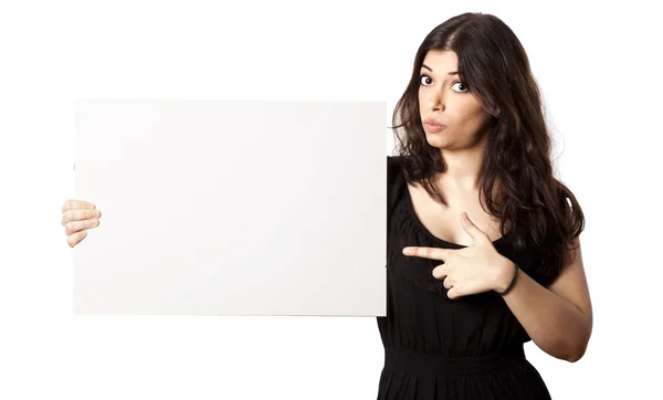 Isolated Surprised Woman Pointing at Sign — Stock Photo, Image