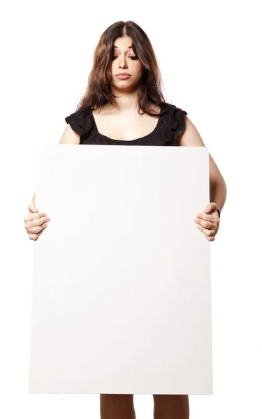 Isolated Woman Holding Sign Looking Down — Stock Photo, Image