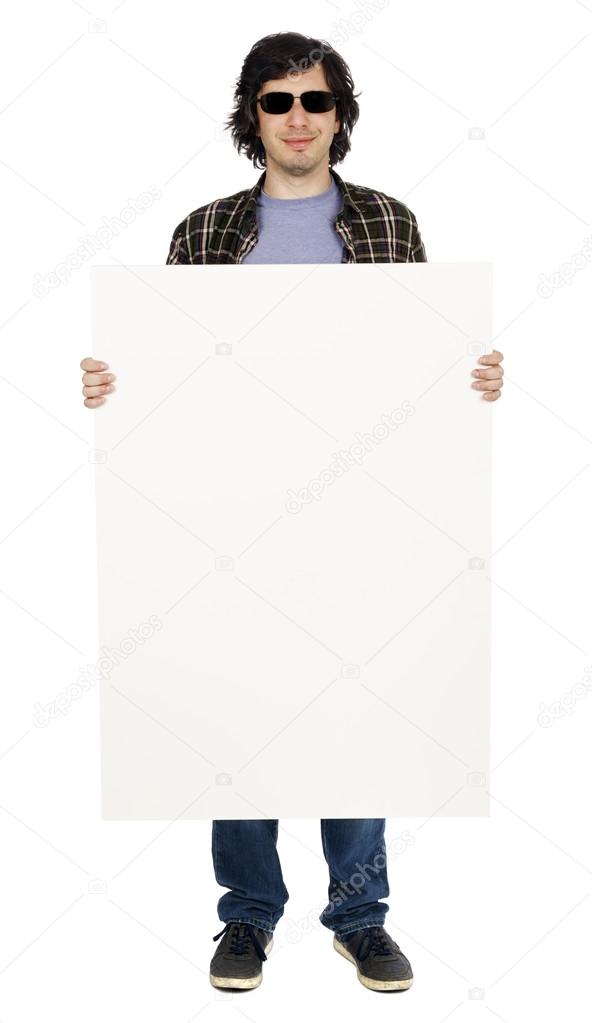 Smiling Casual Guy with Sunglasses Holding Sign