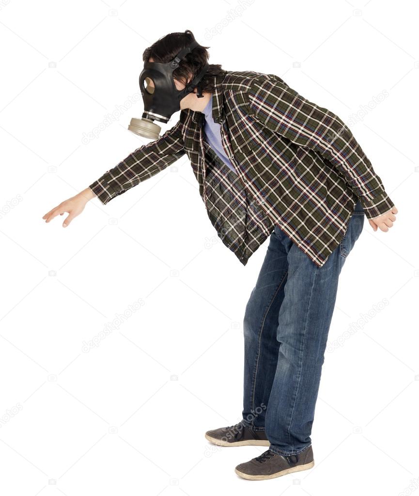 Isolated Man Wearing Gas Mask and Reaching