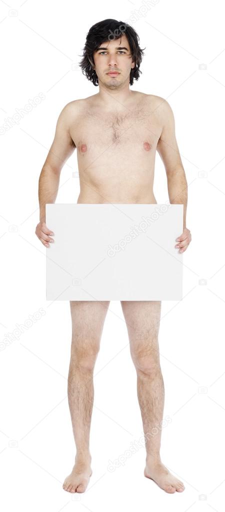 Isolated Caucasian Adult Nude Man Holding Sign